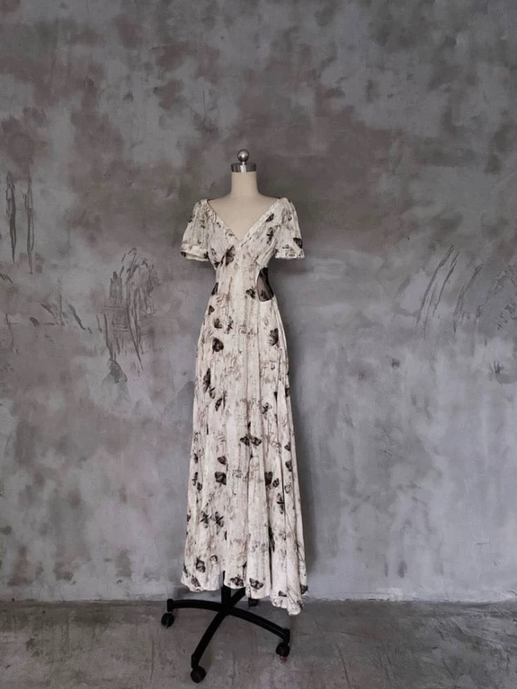 Pretty A line V Neckline Floral Long Prom Dresses Birthday Dress For Women - VelvetHem