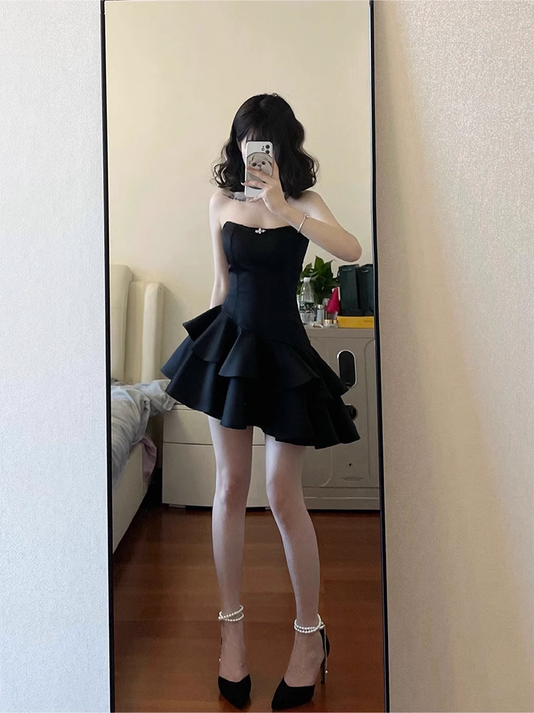 Cute A line Strapless Little Black Dress Hoco Dresses Short Satin Birthday Outfits - VelvetHem