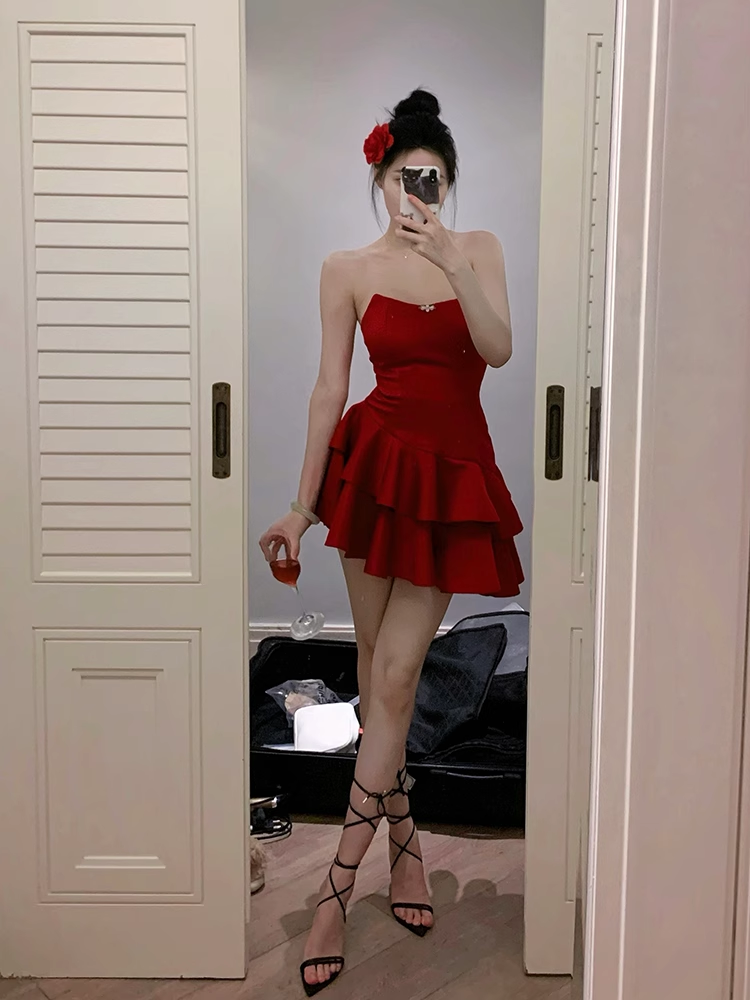 Pretty A line Strapless Red Dinner Dress Hoco Dresses Short Birthday Outfits - VelvetHem