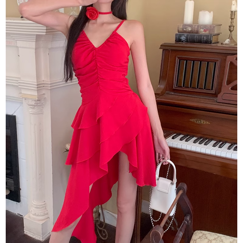 Simple A line Irregular Hem Spaghetti Straps Red Dinner Dress Short Birthday Outfit - VelvetHem