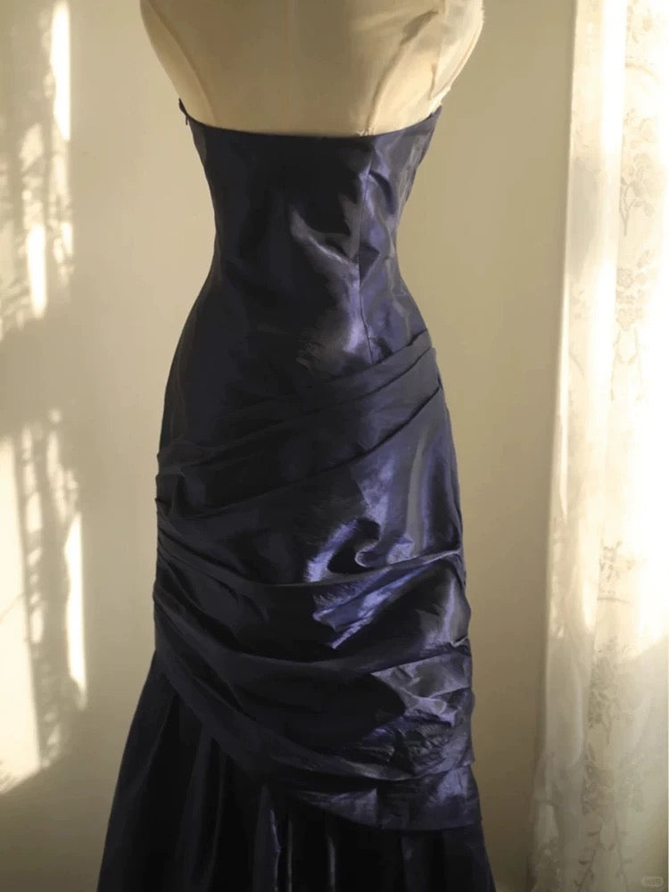 Classy Mermaid Strapless Navy Blue Organza Long Evening Gowns Prom Dress - View 3 | VelvetHem