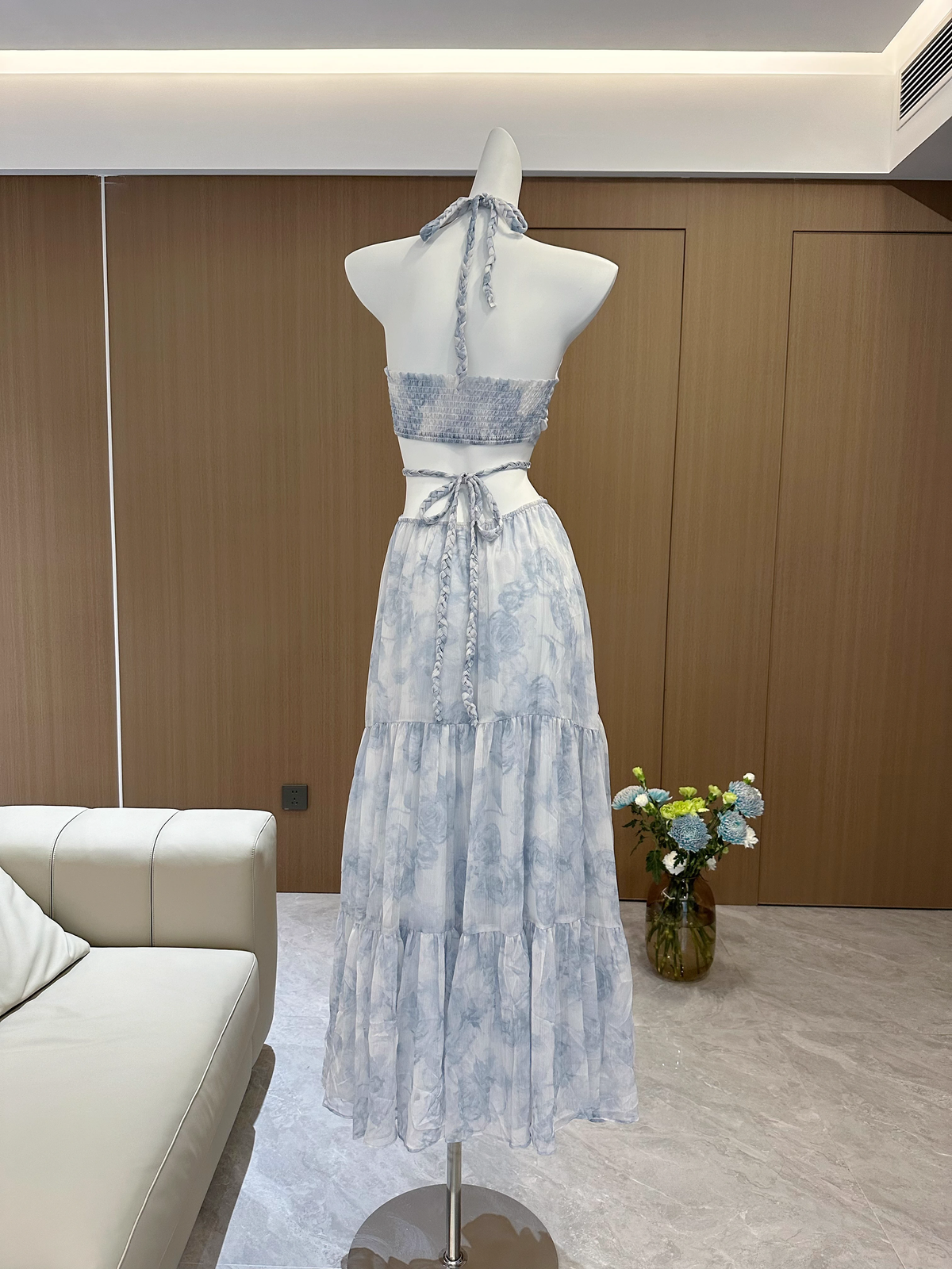 Sexy A line Halter Sleeveless Holiday Dresses Blue Floral Beach Dress Birthday Outfits - View 5 | VelvetHem