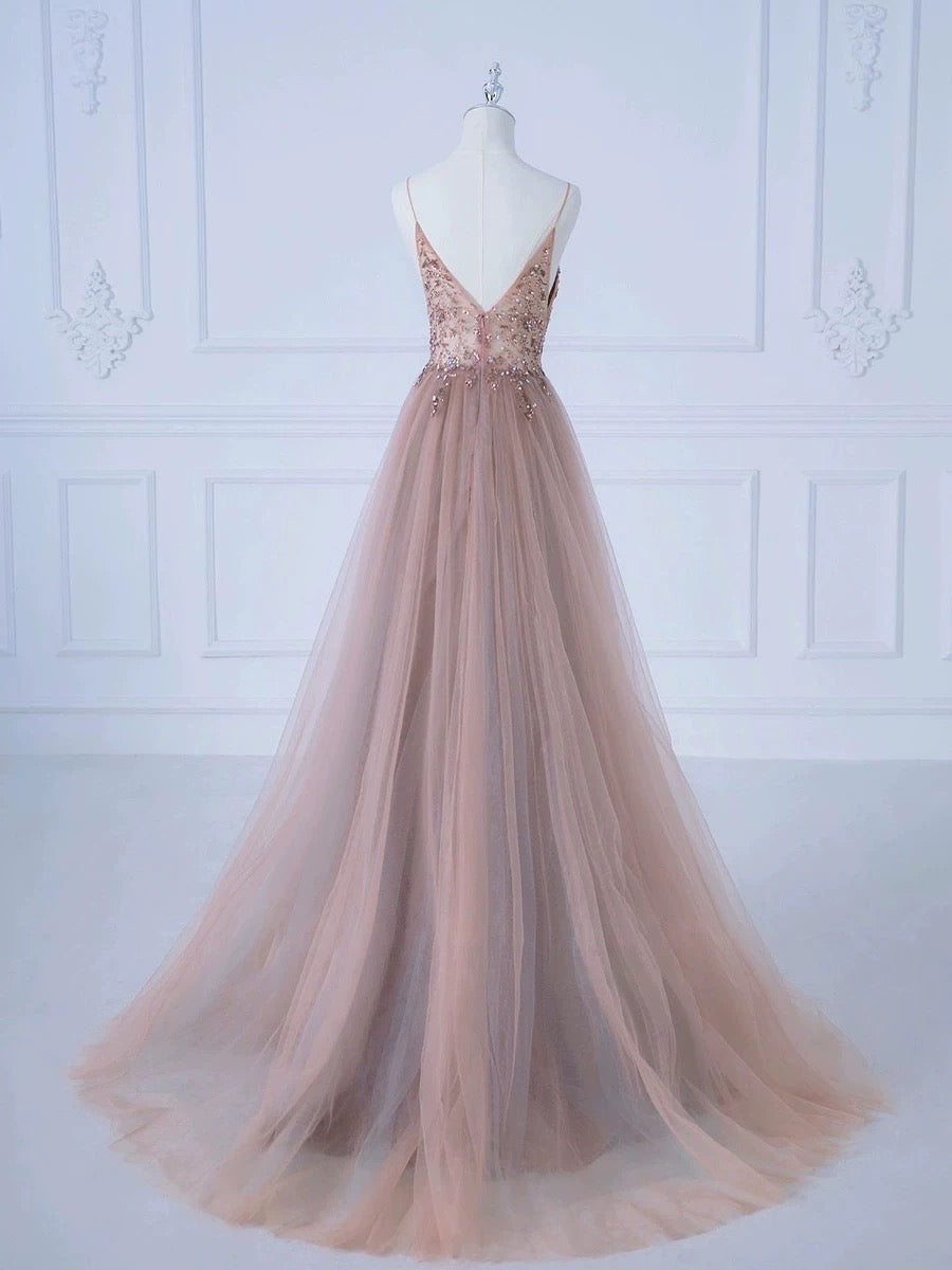 Pretty A line Spaghetti Straps Tulle Long Length Evening Dress Prom Dresses