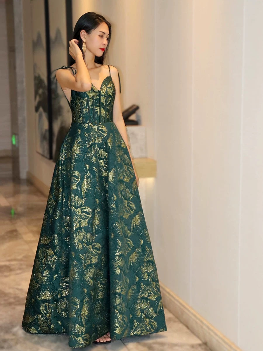 Pretty Ball Gown Spaghetti Straps Satin Green Long Length Evening Dress Prom Dresses - View 2 | VelvetHem