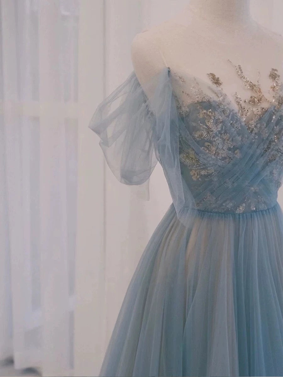 Pretty A Line Off The Shoulder Blue Tulle Long Length Evening Dress Prom Dresses