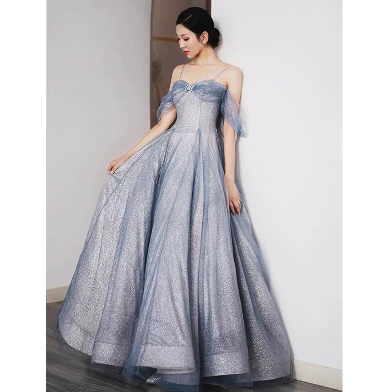Pretty A Line Off The Shoulder Blue Sequin Tulle Long Length Evening Dress Prom Dresses
