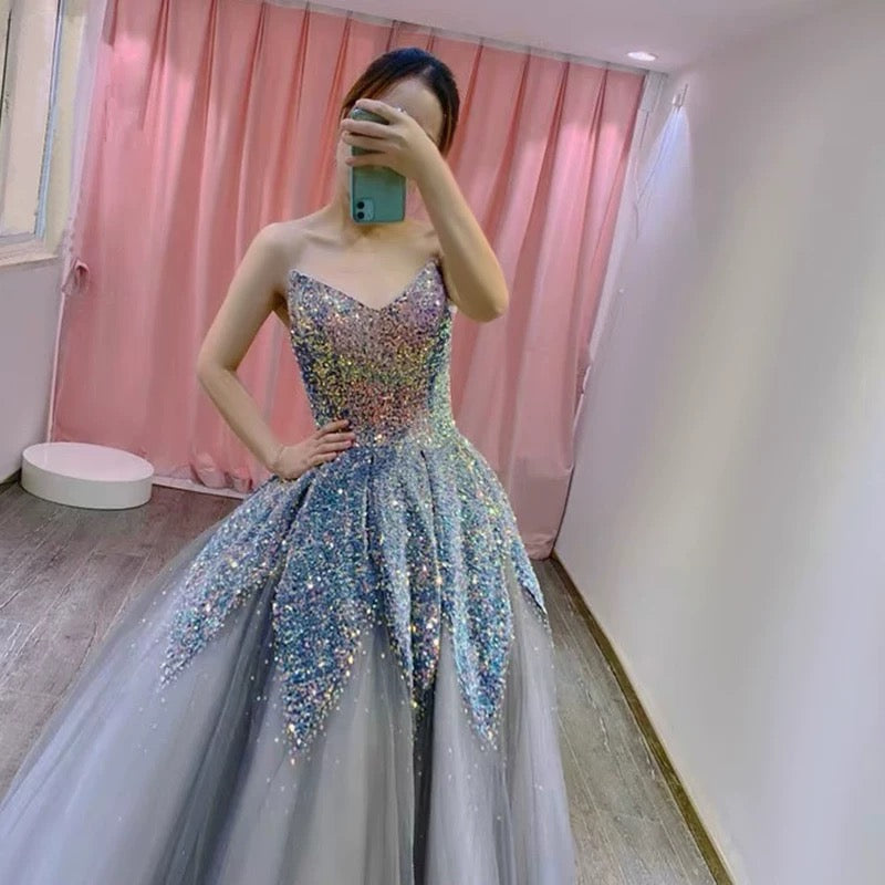 Gorgeous Balll Gown Sweetheart Blue Sequin Tulle Long Evening Dress Prom Dresses - View 5 | VelvetHem