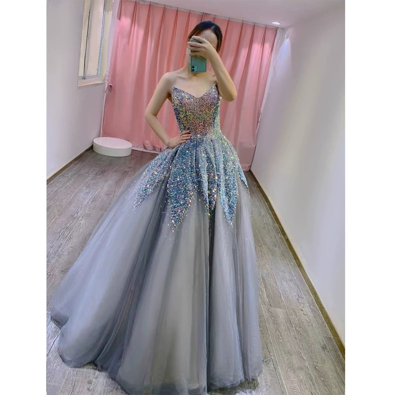 Gorgeous Balll Gown Sweetheart Blue Sequin Tulle Long Evening Dress Prom Dresses