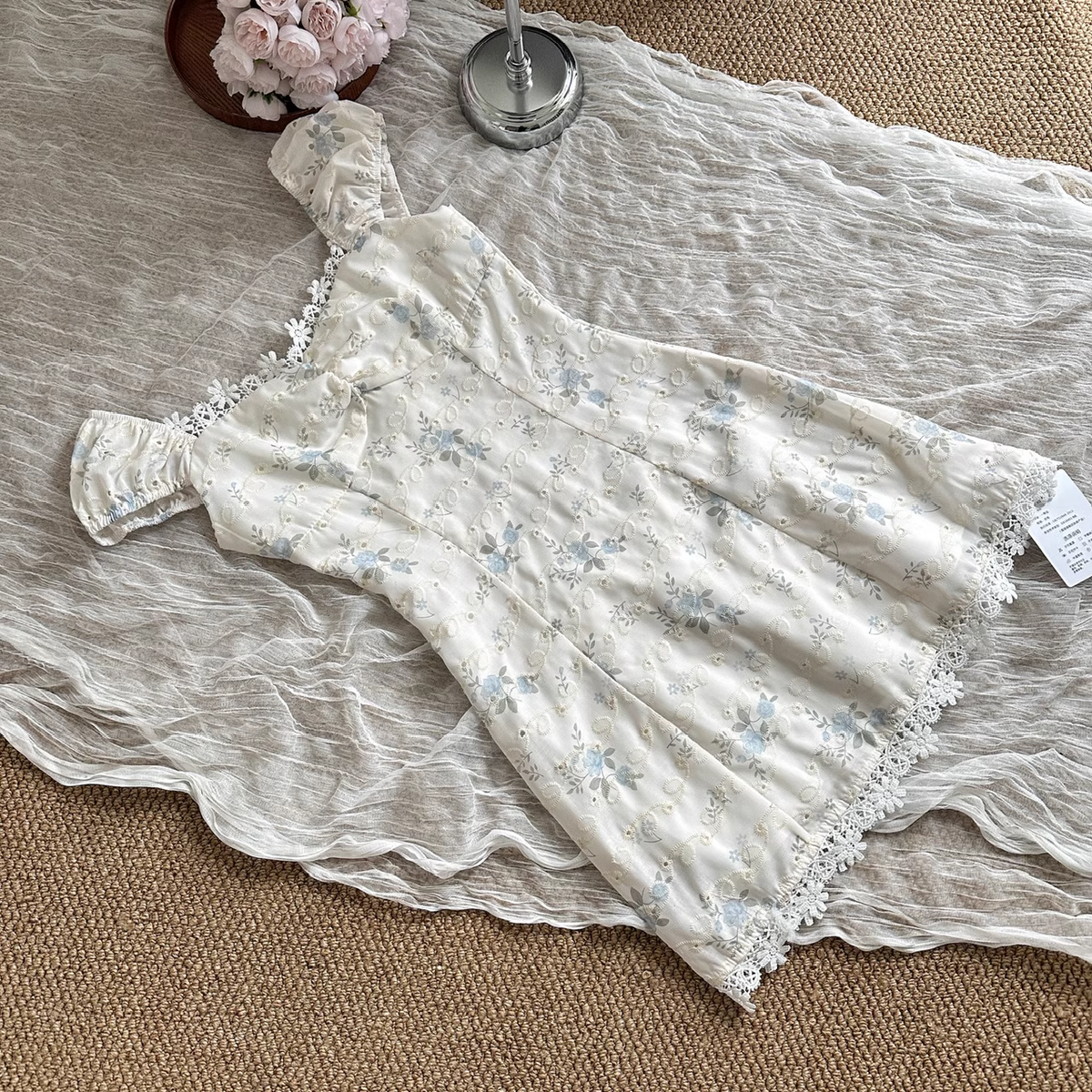Cute A line Sweetheart Cap Sleeves Blue Floral Dress Short Holiday Dresses - View 4 | VelvetHem