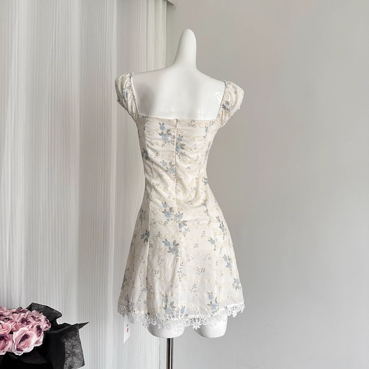 Cute A line Sweetheart Cap Sleeves Blue Floral Dress Short Holiday Dresses - View 3 | VelvetHem
