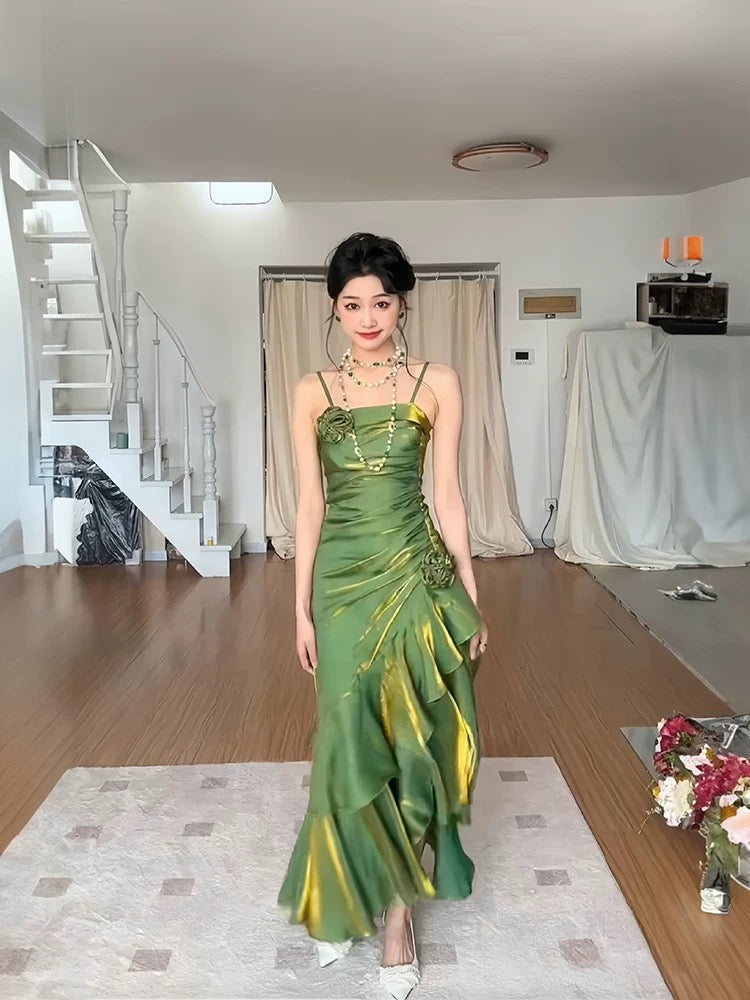 Vintage Mermaid Spaghetti Straps Green Long Party Dresses Birthday Outfits