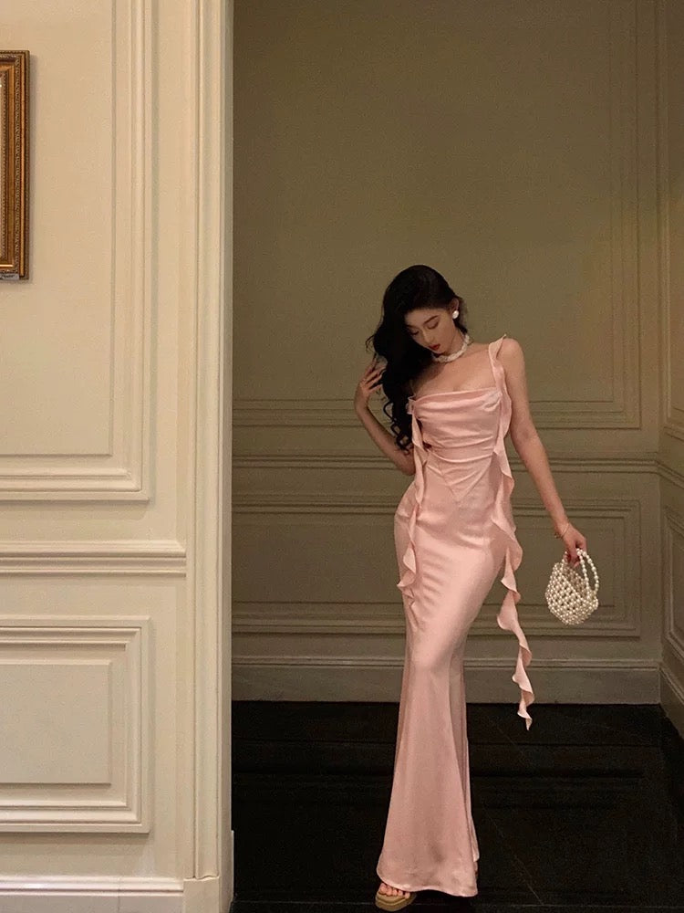 Sexy Mermaid Straps Neckline Backless Silk Satin Pink Slit Prom Dresses Birthday Outfits - View 2 | VelvetHem