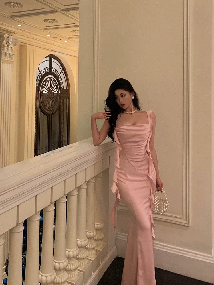 Sexy Mermaid Straps Neckline Backless Silk Satin Pink Slit Prom Dresses Birthday Outfits - View 4 | VelvetHem