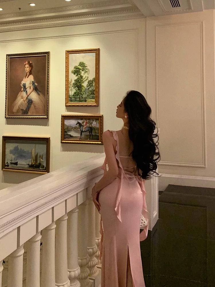 Sexy Mermaid Straps Neckline Backless Silk Satin Pink Slit Prom Dresses Birthday Outfits - View 5 | VelvetHem