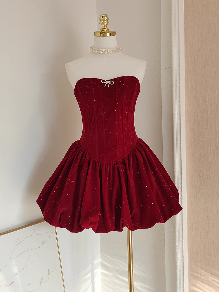 Sexy A Line Strapless Burgundy Velvet Ruffles Vacation Dresses Short Birthday Outfits - VelvetHem