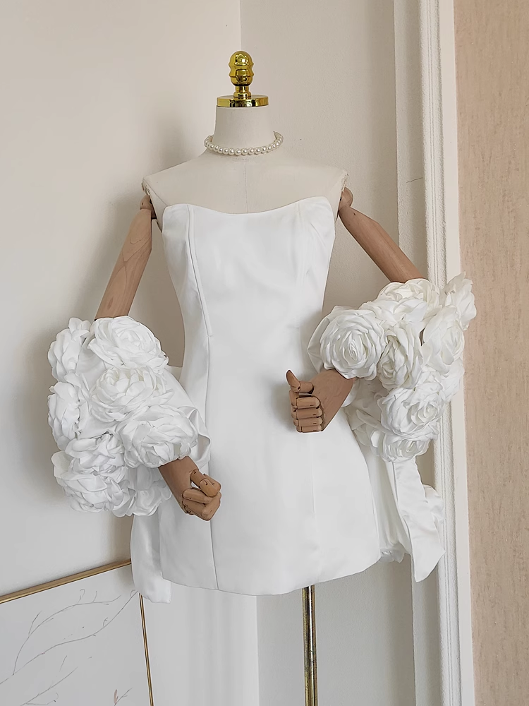 Cute A line Strapless Sleeveless White Satin Party Dress Short Birthday Dresses With Cape - VelvetHem
