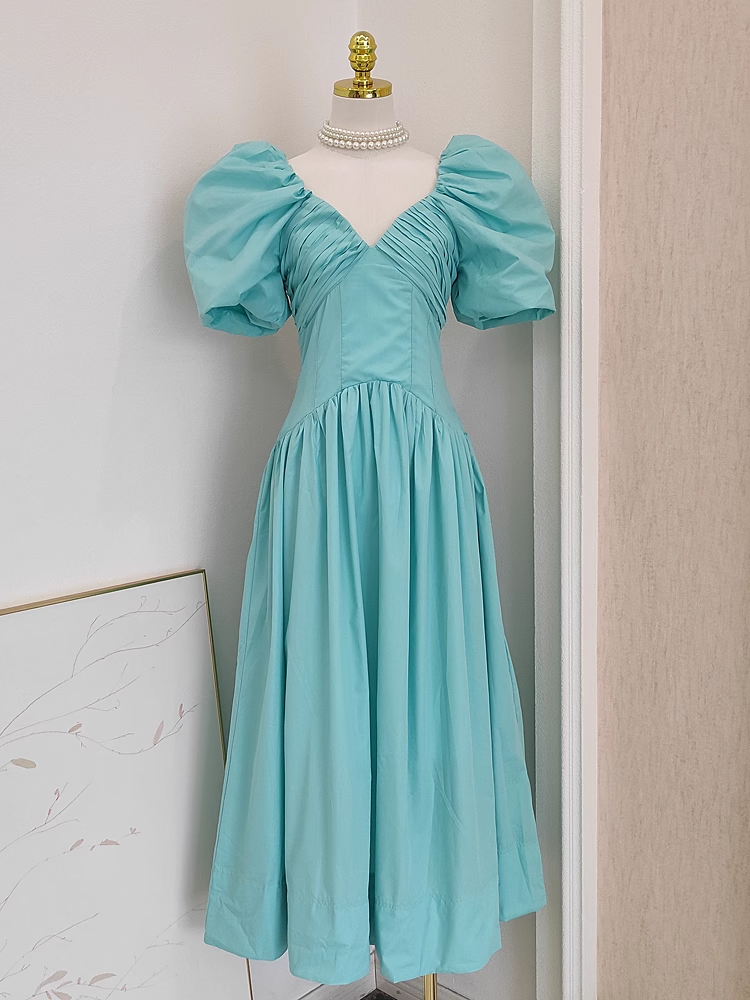 Simple A Line V Neckline Blue Satin Homecoming Dresses Birthday Outfits With Ruffles - VelvetHem