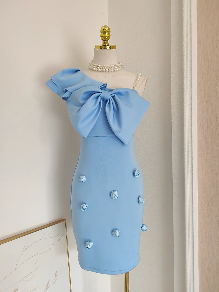 Cute Sheath One Shoulder One Shoulder Blue Cocktail Dress Short Birthday Outfits