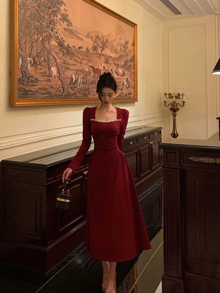 Simple A line Square Neckline Long Sleeves Red Prom Dresses Birthday Dress - VelvetHem