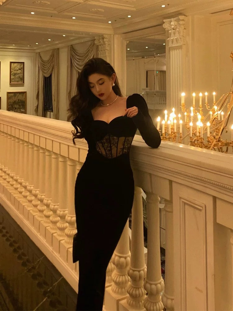 Sexy Sheath Sweetheart Velvet Black Long Sleeves Prom Dresses Evening Dress - View 2 | VelvetHem