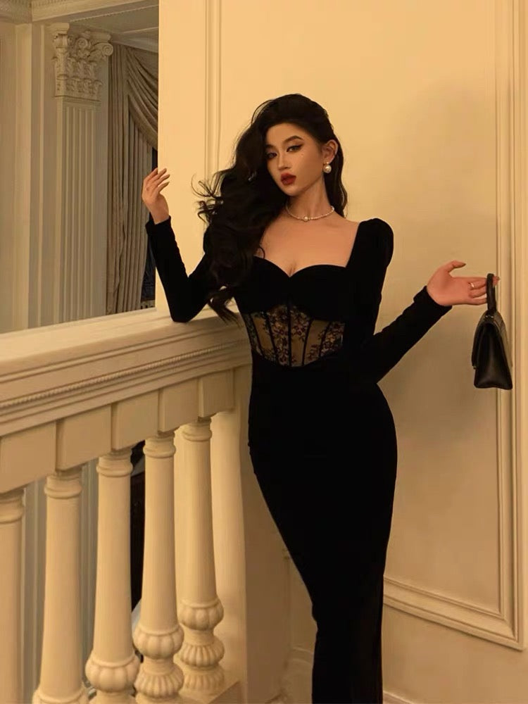 Sexy Sheath Sweetheart Velvet Black Long Sleeves Prom Dresses Evening Dress - View 3 | VelvetHem