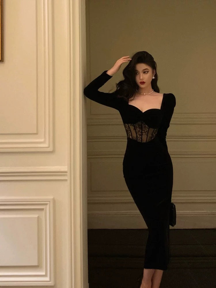 Sexy Sheath Sweetheart Velvet Black Long Sleeves Prom Dresses Evening Dress - View 5 | VelvetHem