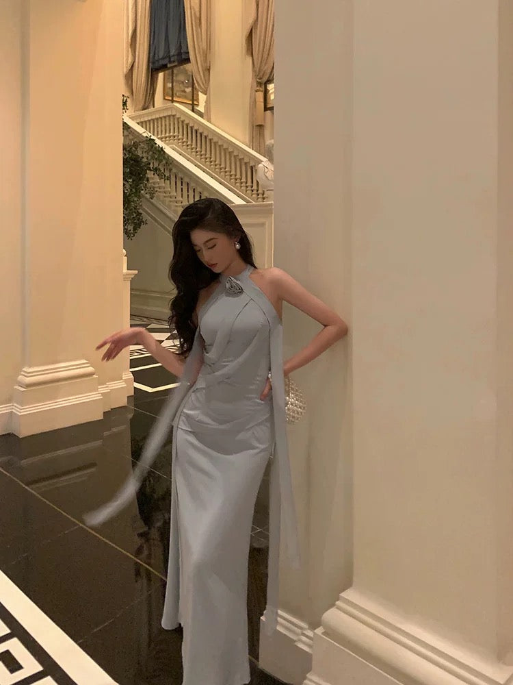 Sexy Sheath High Neckline Dusty Blue Satin Flowers Long Prom Dresses Evening Dress - VelvetHem
