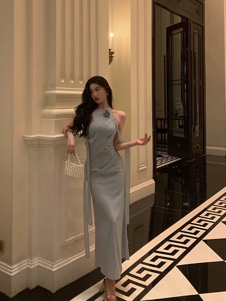 Sexy Sheath High Neckline Dusty Blue Satin Flowers Long Prom Dresses Evening Dress - View 3 | VelvetHem