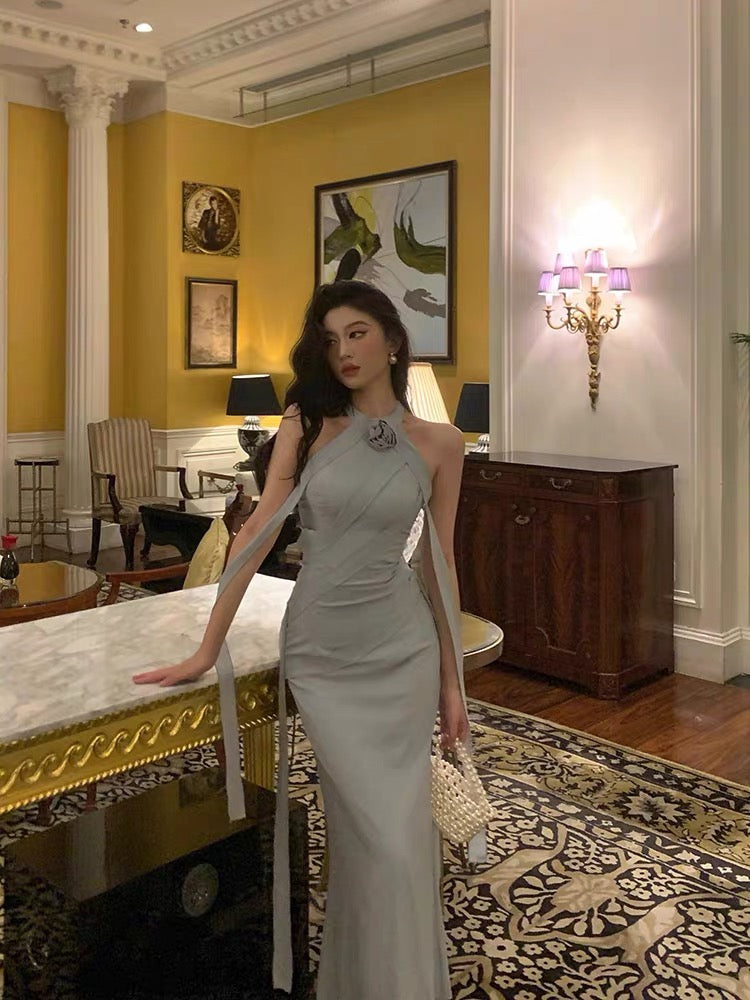 Sexy Sheath High Neckline Dusty Blue Satin Flowers Long Prom Dresses Evening Dress - View 5 | VelvetHem