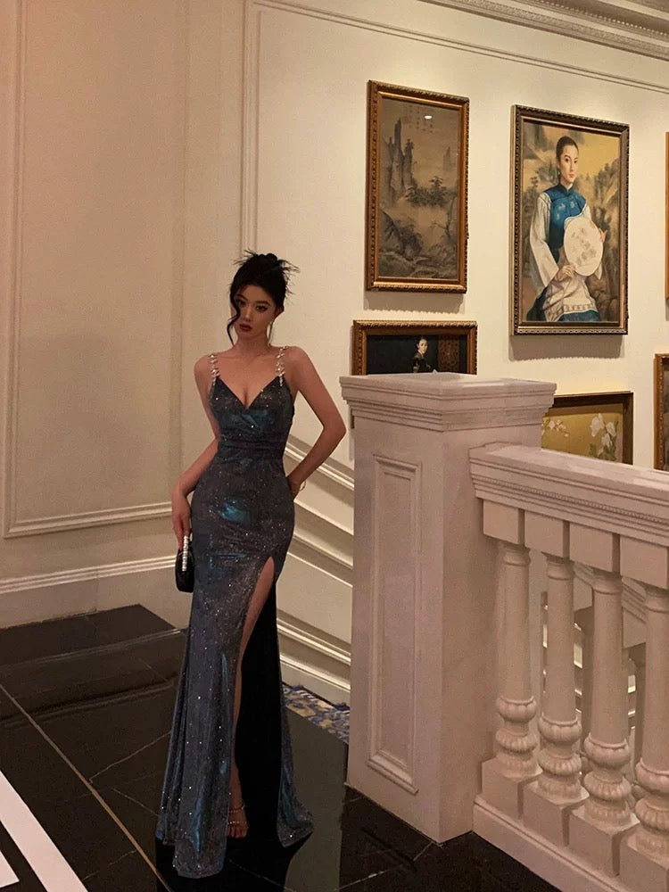 Sexy Sheath Straps Sequin Blue Slit Long Prom Dresses Evening Dress - VelvetHem