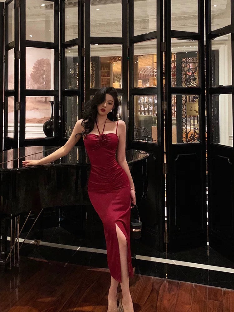 Sexy Sheath Halter Red Ankle Length Slit Prom Dresses Birthday Dress - VelvetHem