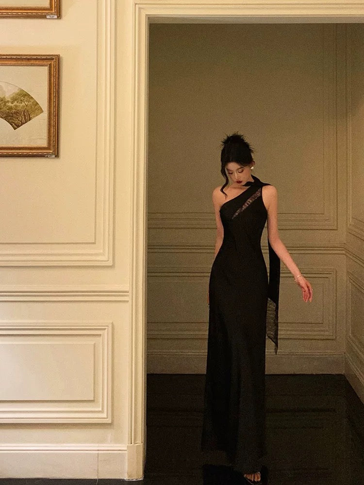 Sexy A Line One Shoulder Black Floor Length Prom Dresses Birthday Dress - View 2 | VelvetHem