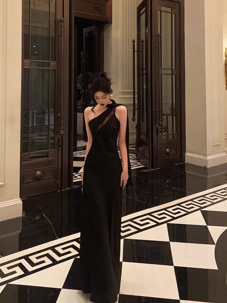 Sexy A Line One Shoulder Black Floor Length Prom Dresses Birthday Dress - VelvetHem