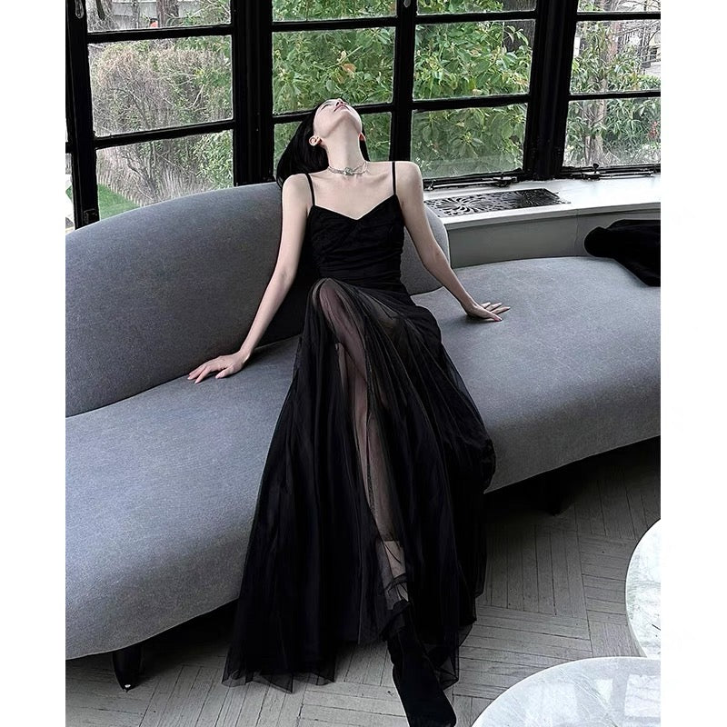 Sexy A Line Spaghetti Straps Black Floor Length Prom Dresses Birthday Dress - VelvetHem