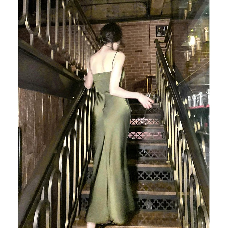 Sexy Sheath Spaghetti Straps Floor Length Green Satin Prom Dresses Birthday Dress - View 2 | VelvetHem