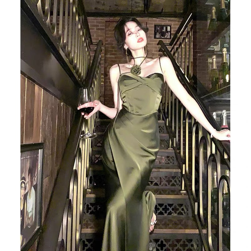 Sexy Sheath Spaghetti Straps Floor Length Green Satin Prom Dresses Birthday Dress - VelvetHem