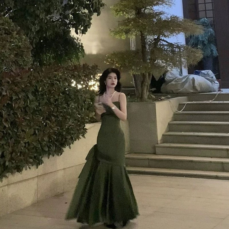 Simple Sheath Spaghetti Straps Floor Length Olive Green Satin Party Dresses Birthday Outfits - VelvetHem