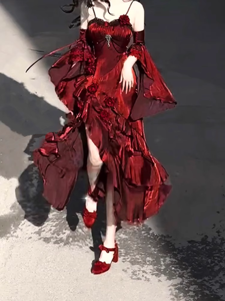 Vintage Sheath Irregular Ruffled Spaghetti Straps Women's Burgundy Birthday Party Dresses With Sleeves - VelvetHem
