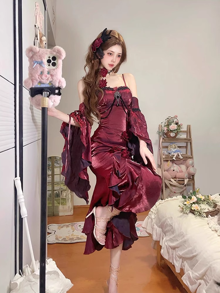 Vintage High Low Irregular Ruffled Spaghetti Straps Women's Burgundy Birthday Outfits Party Dresses With Sleeves - VelvetHem