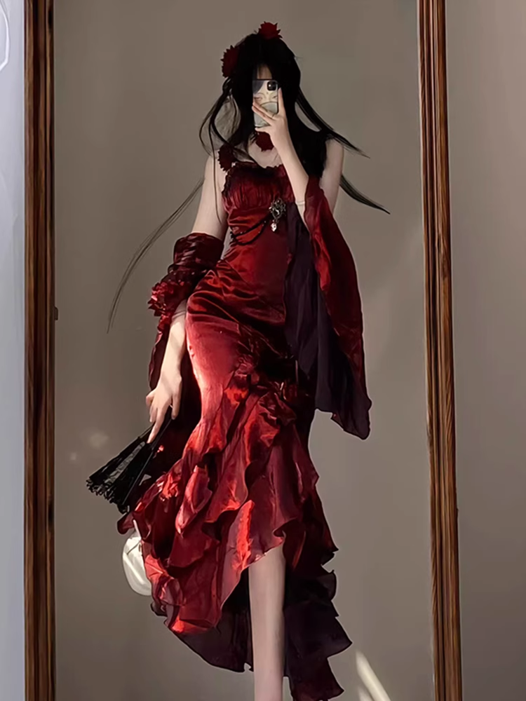 Vintage High Low Irregular Ruffled Spaghetti Straps Women's Burgundy Birthday Outfits Party Dresses With Sleeves - VelvetHem
