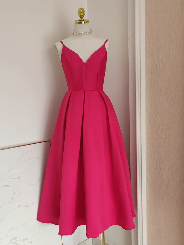 Sexy A line Spaghetti Straps Hot Pink Vacation Dress Satin Women Birthday Dresses - VelvetHem