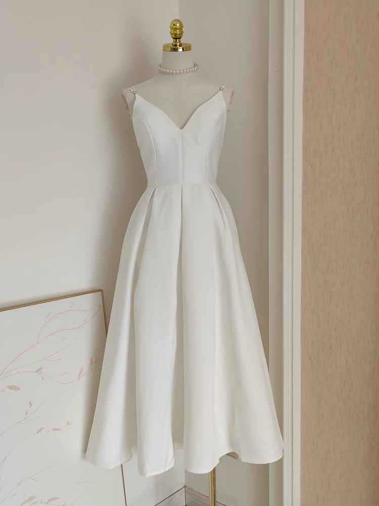 Simple A line Spaghetti Straps White Vacation Dress Satin Women Birthday Dresses - VelvetHem