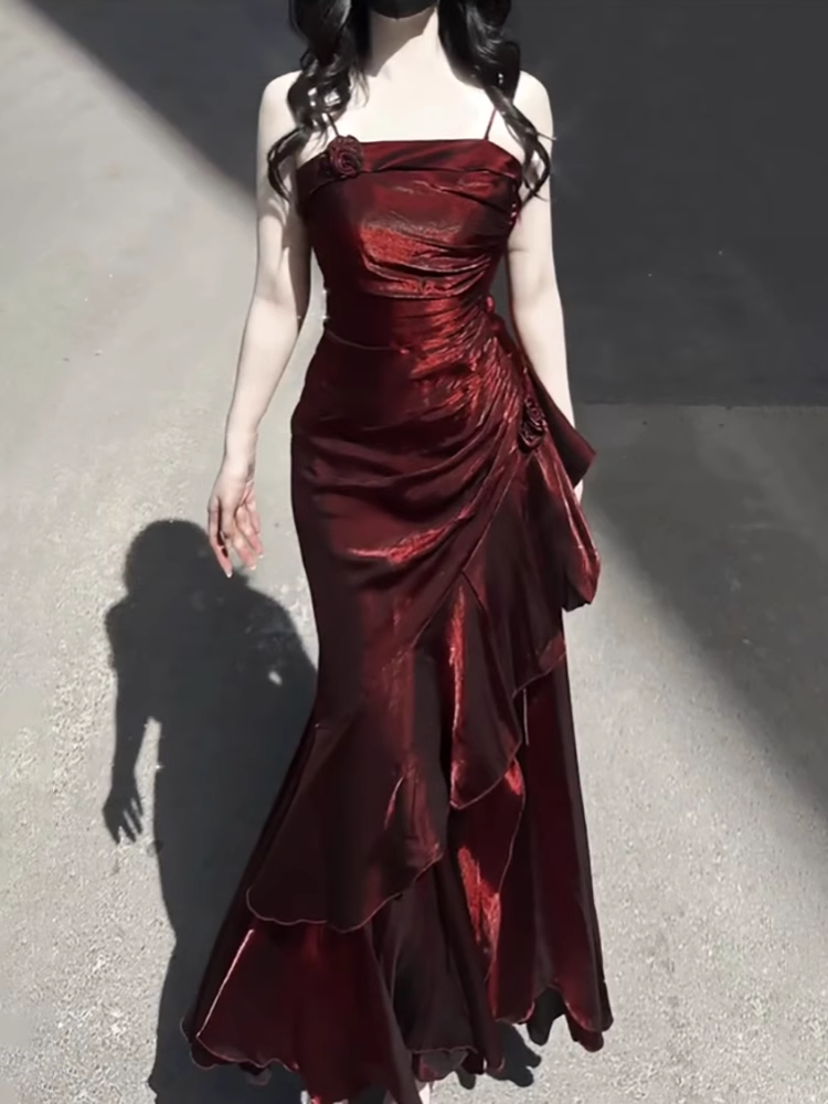 Vintage High Low Spaghetti Straps Burgundy Long Party Dresses Birthday Outfits - VelvetHem