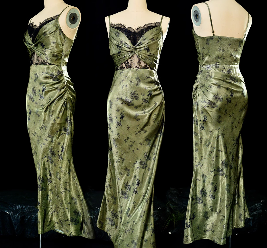 Vintage Sheath Spaghetti Straps Green Lace Ankle Length Prom Dresses Birthday Outfits - View 5 | VelvetHem