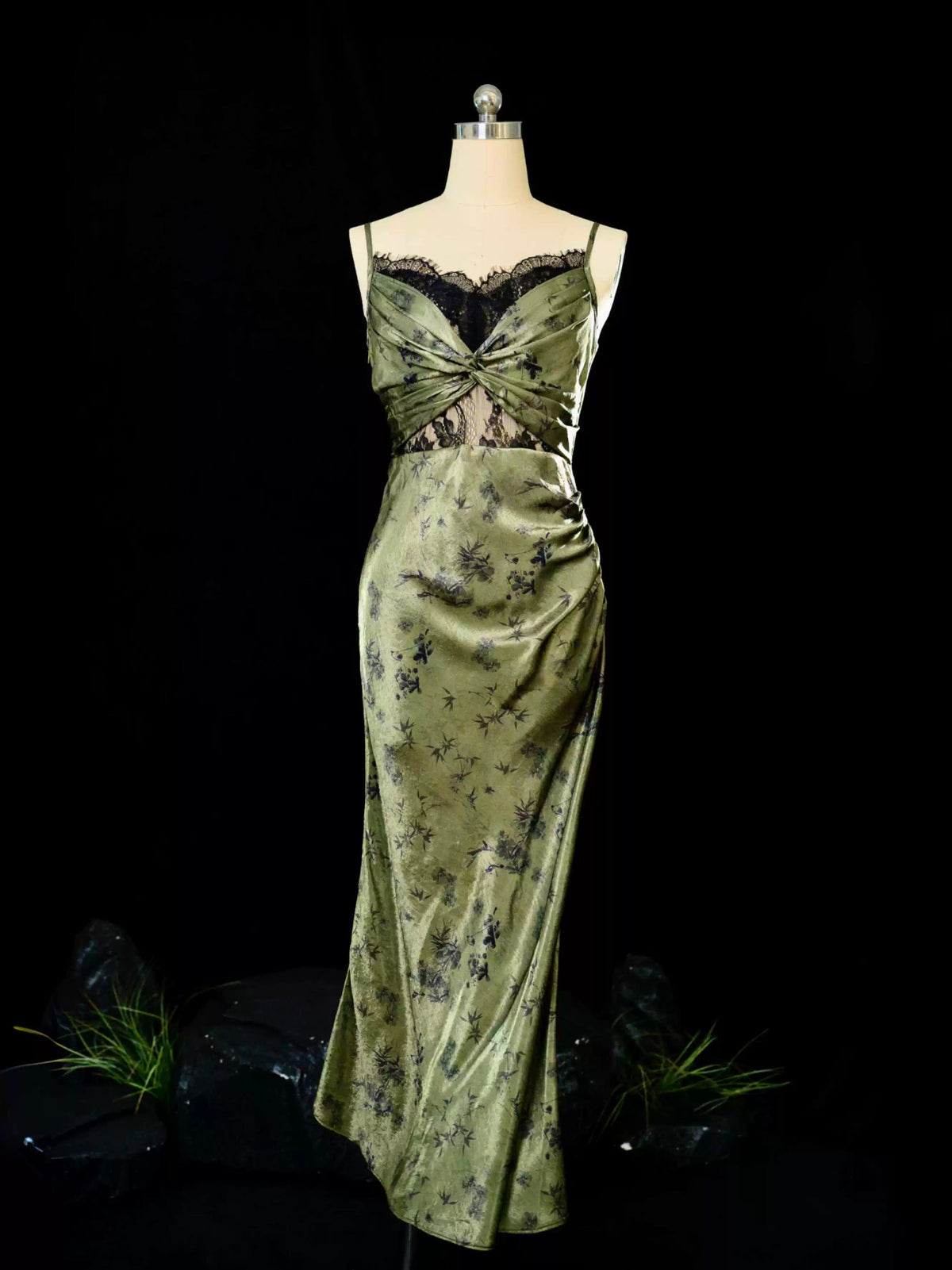 Vintage Sheath Spaghetti Straps Green Lace Ankle Length Prom Dresses Birthday Outfits - View 3 | VelvetHem