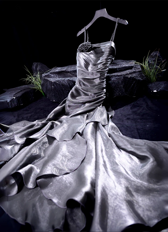 French Vintage Mermaid Spaghetti Straps Ruffles Silver Gray Prom Dresses Birthday Outfits
