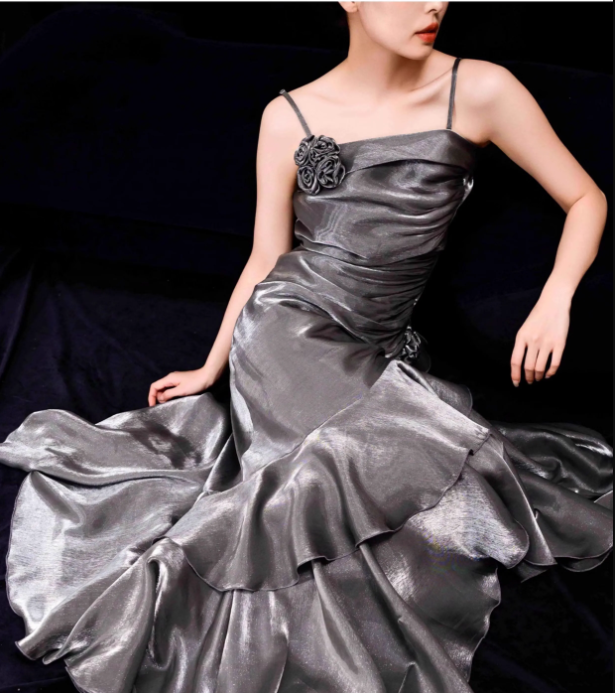 French Mermaid Spaghetti Straps Ruffles Silver Gray Prom Dresses Long Birthday Outfits - View 4 | VelvetHem