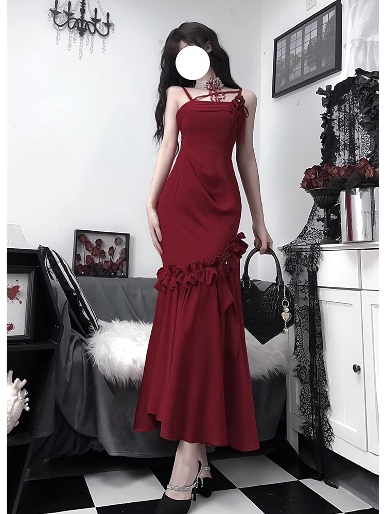 Retro Mermaid Spaghetti Straps Burgundy Ankle length Prom Dresses Birthday Outfits - VelvetHem