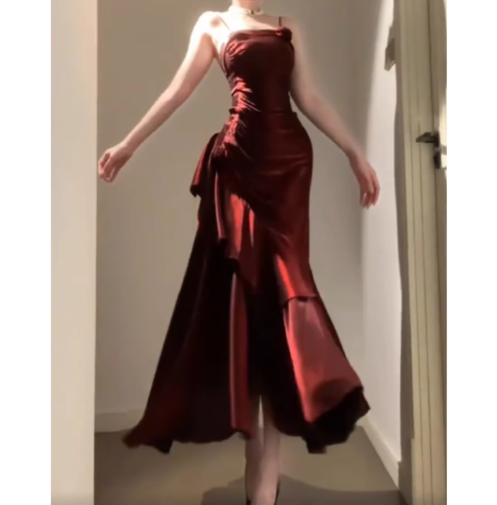 Retro Mermaid Spaghetti Straps Burgundy Prom Dresses Birthday Outfits With Flower - VelvetHem