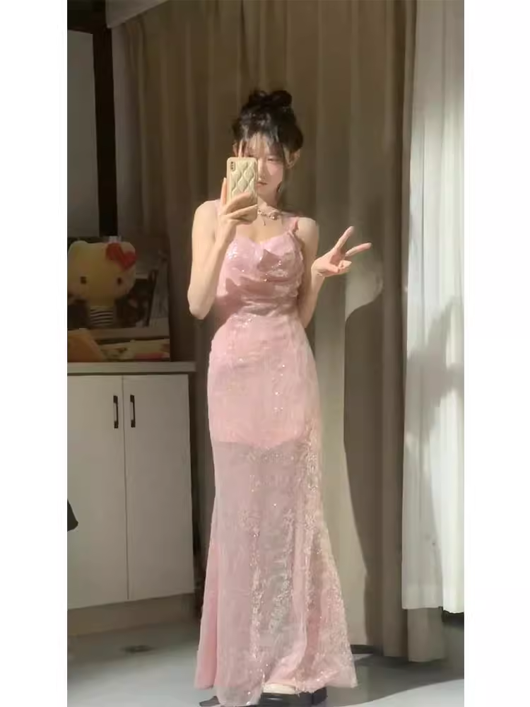 Retro Mermaid Spaghetti Straps Pink Sequin Ankle length Prom Dresses Birthday Outfits